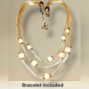 2pc Anne Klein multistrand necklace and bracelet goldtone mesh faux pearl